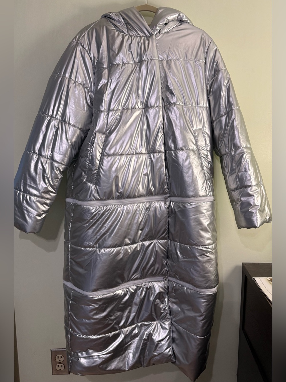 3 in 1 Women's Metallic Silver Shiny Puffer Detachable Long Winter Coat XL